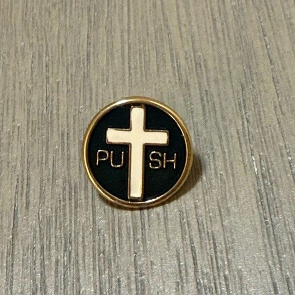 Vintage Push Black and White Cross Gold Tone Enamel Lapel Pin